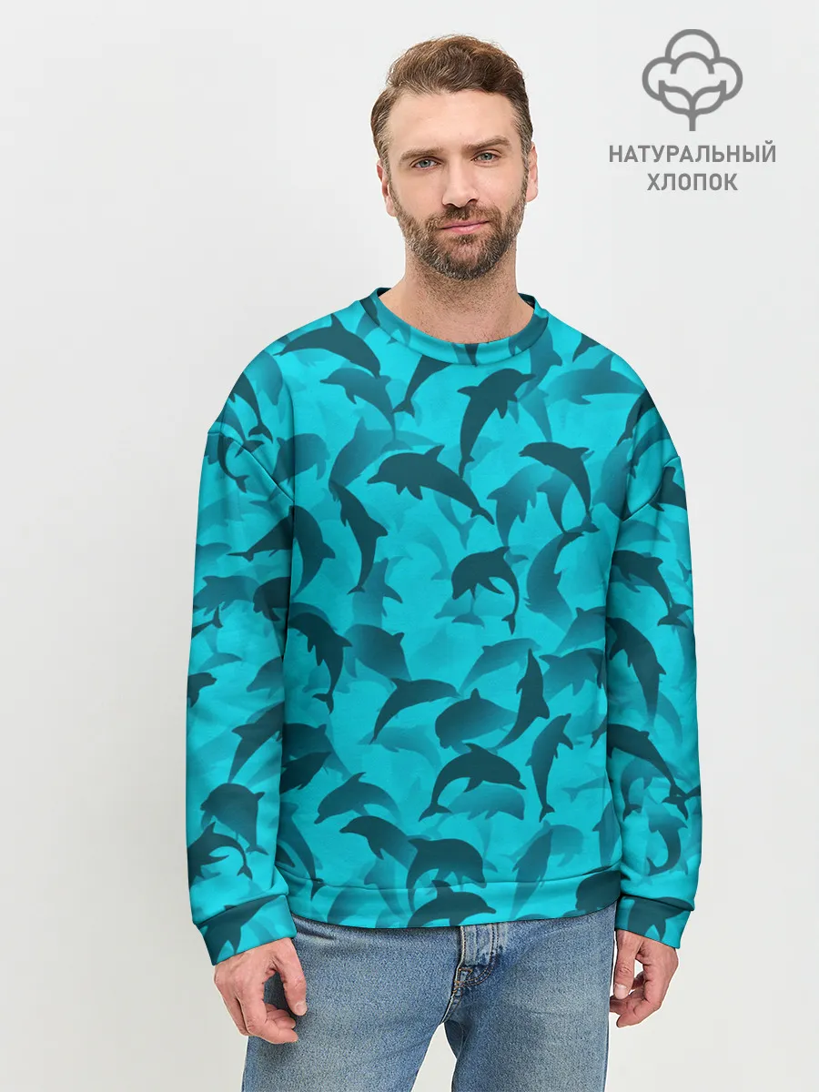 Мужской свитшот базовый / Синий камуфляж с дельфинами