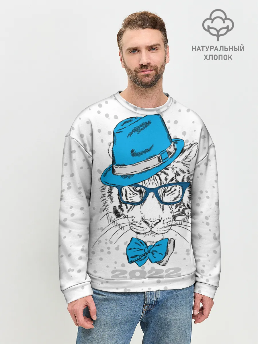 Мужской свитшот базовый / Белый тигр в синей шляпе