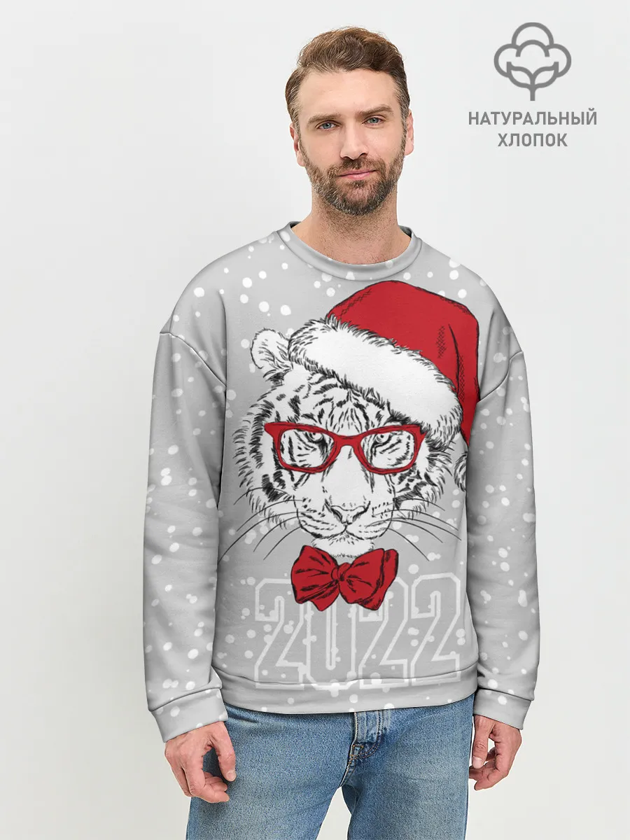 Мужской свитшот базовый / Белый тигр в шапке Санты