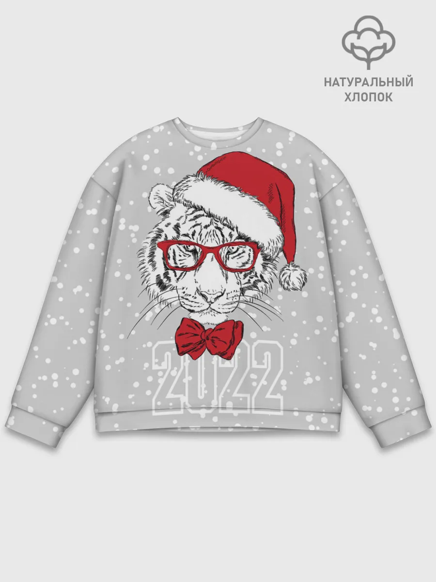 Мужской свитшот базовый / Белый тигр в шапке Санты