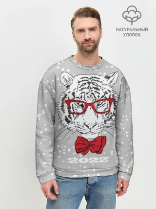 Мужской свитшот базовый / Белый тигр с красным бантом