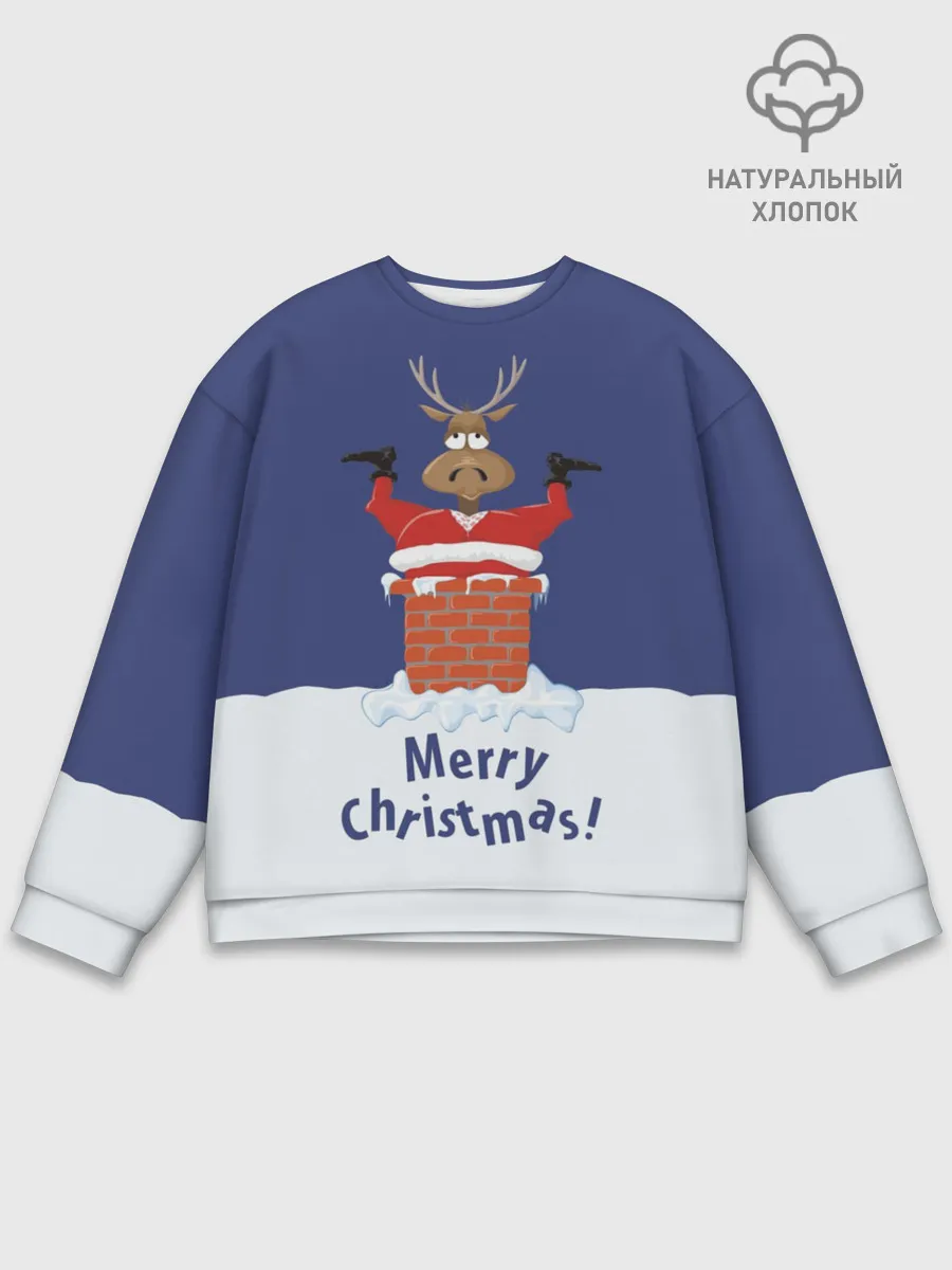 Мужской свитшот базовый / Санта в трубе с Оленем