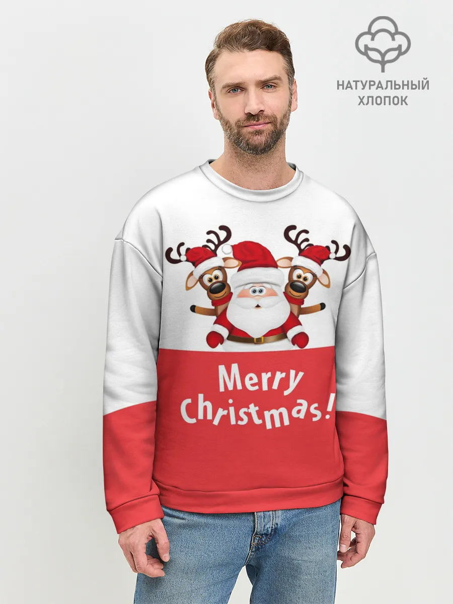 Мужской свитшот базовый / Санта с 2 Оленями