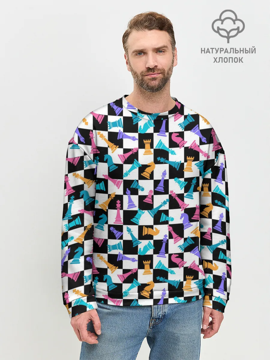 Мужской свитшот базовый / Разноцветные Шахматные Фигуры