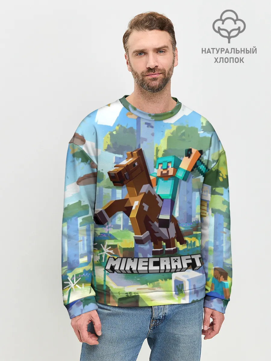 Мужской свитшот базовый / Майнкрафт на коне в березовом лесу