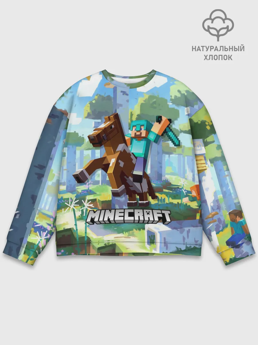 Мужской свитшот базовый / Майнкрафт на коне в березовом лесу
