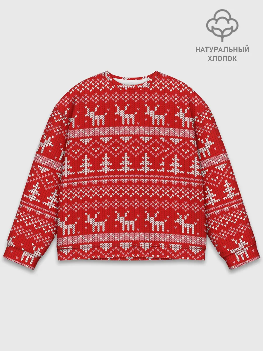 Мужской свитшот базовый / Новогодний узор с оленями и елкой