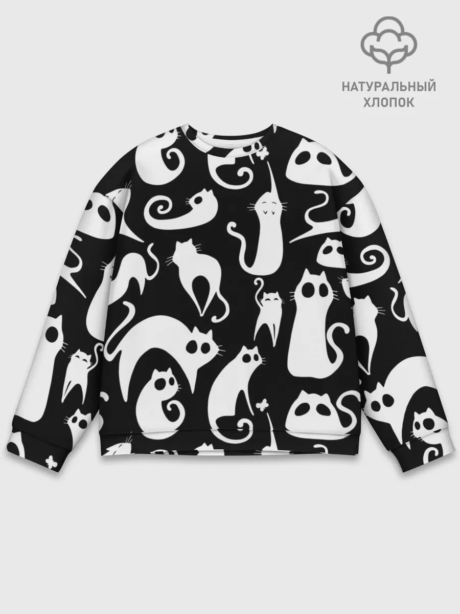 Мужской свитшот базовый / Белые коты на черном фоне