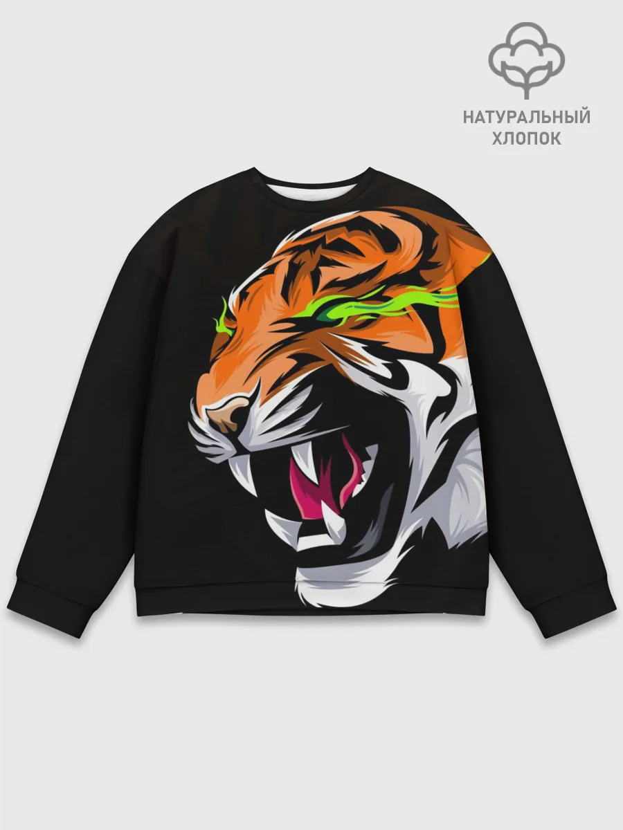 Мужской свитшот базовый / Тигр, с зелеными глазами
