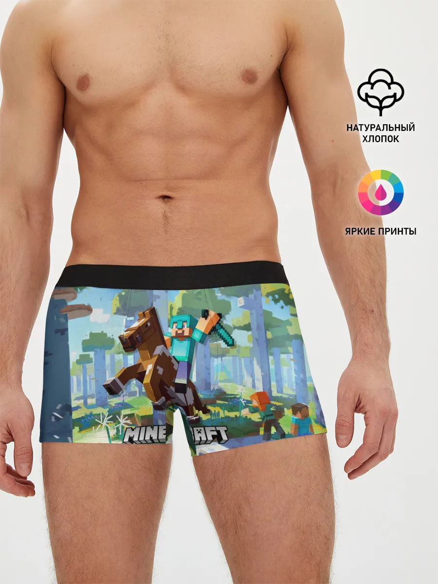 Мужские трусы боксеры / Майнкрафт на коне в березовом лесу