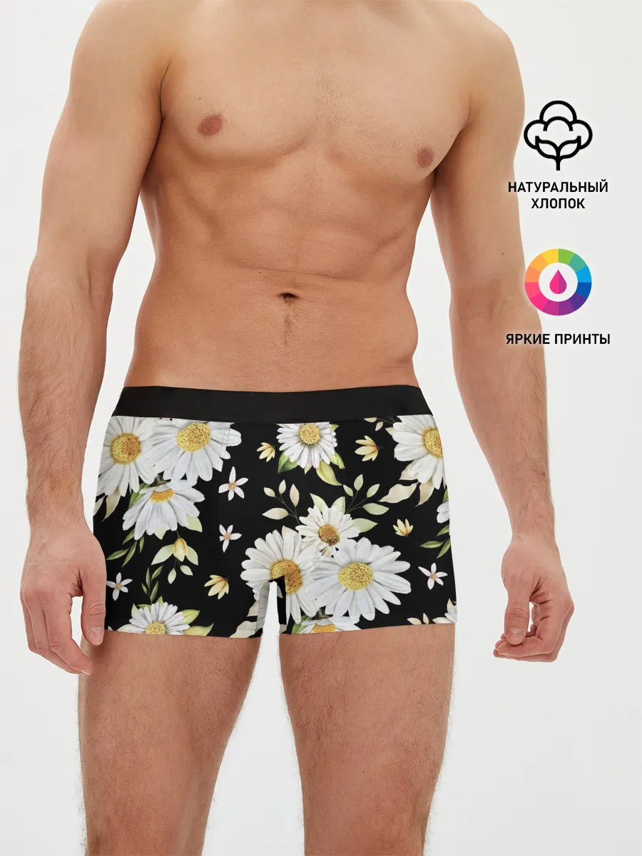 Мужские трусы боксеры / Ромашки на черном фоне