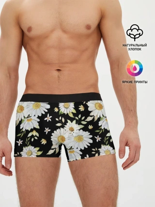 Мужские трусы боксеры / Ромашки на черном фоне
