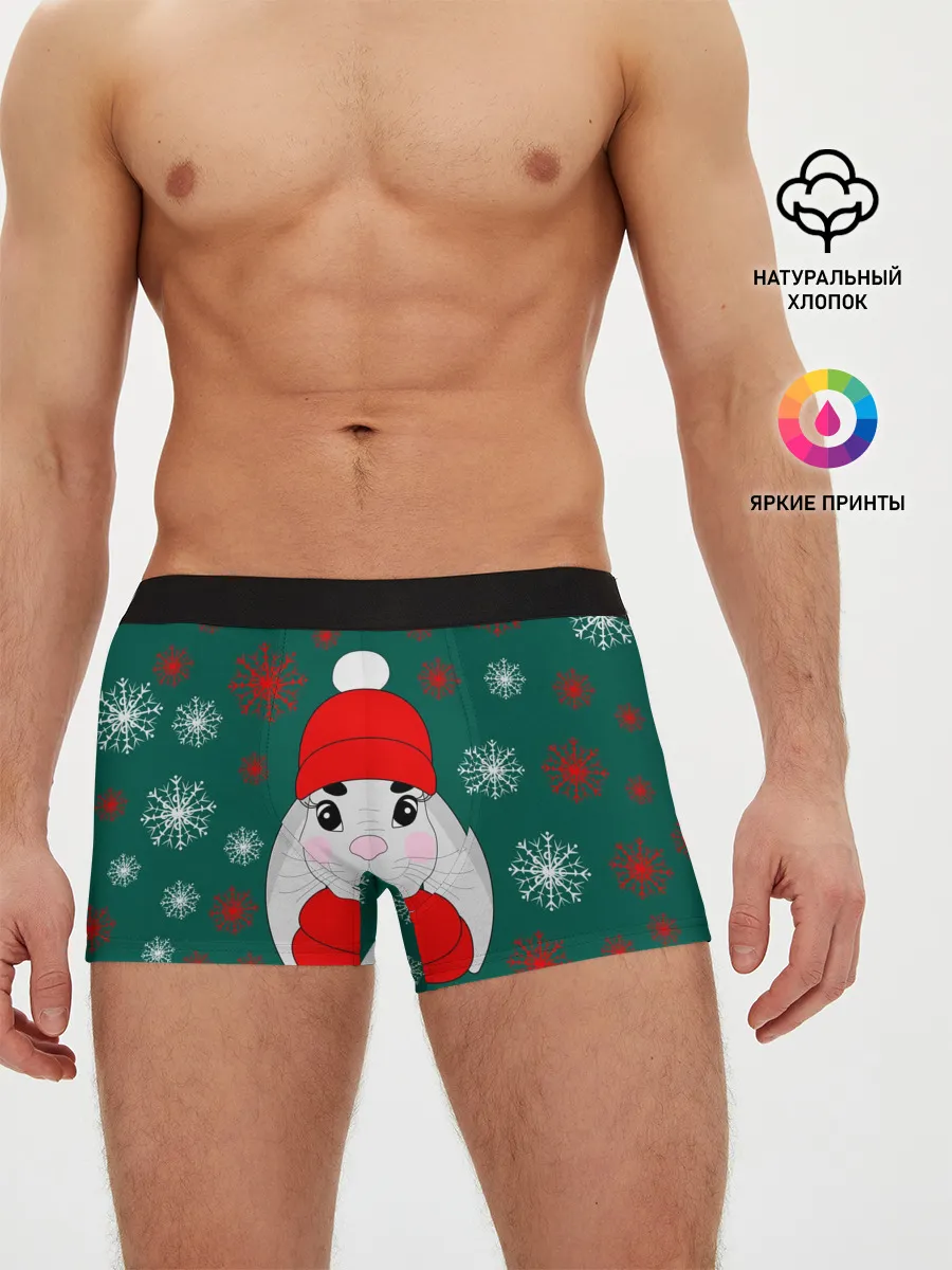 Мужские трусы боксеры / зимний кролик и снежинки
