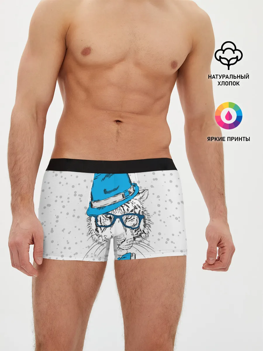 Мужские трусы боксеры / Белый тигр в синей шляпе