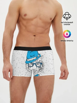 Мужские трусы боксеры / Белый тигр в синей шляпе