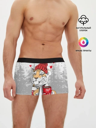 Мужские трусы боксеры / Тигр с чашкой кофе