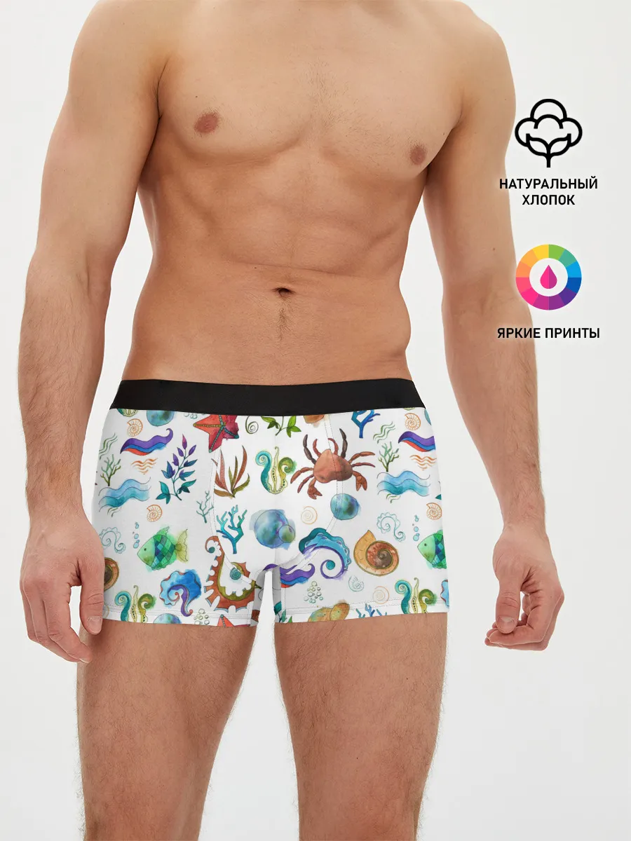 Мужские трусы боксеры / Морской паттерн с крабами и водорослями