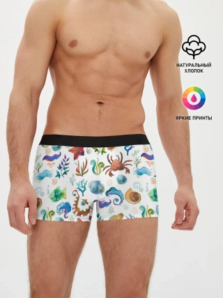 Мужские трусы боксеры / Морской паттерн с крабами и водорослями
