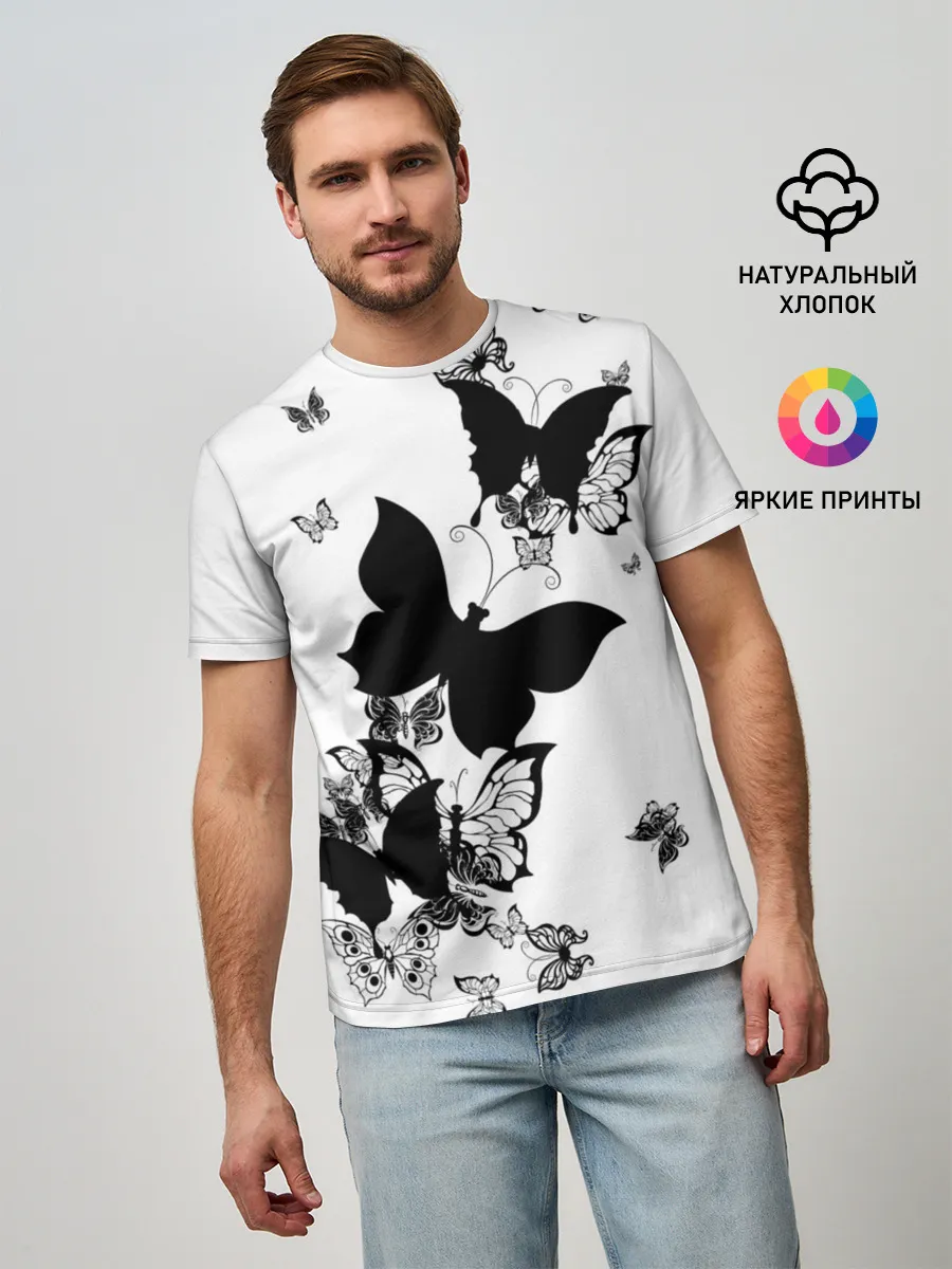 Мужская базовая футболка / Черные бабочки на белом