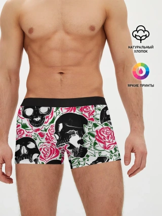 Мужские трусы боксеры / Череп, розы, цветы, зубы