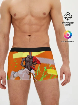 Мужские трусы боксеры / Человек-Бензопила на голубом фоне