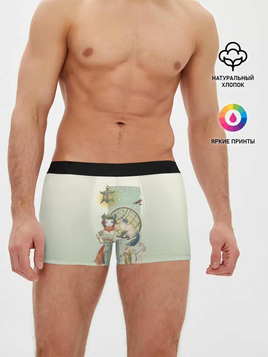 Мужские трусы боксеры / девушка кимоно зима Япония кот