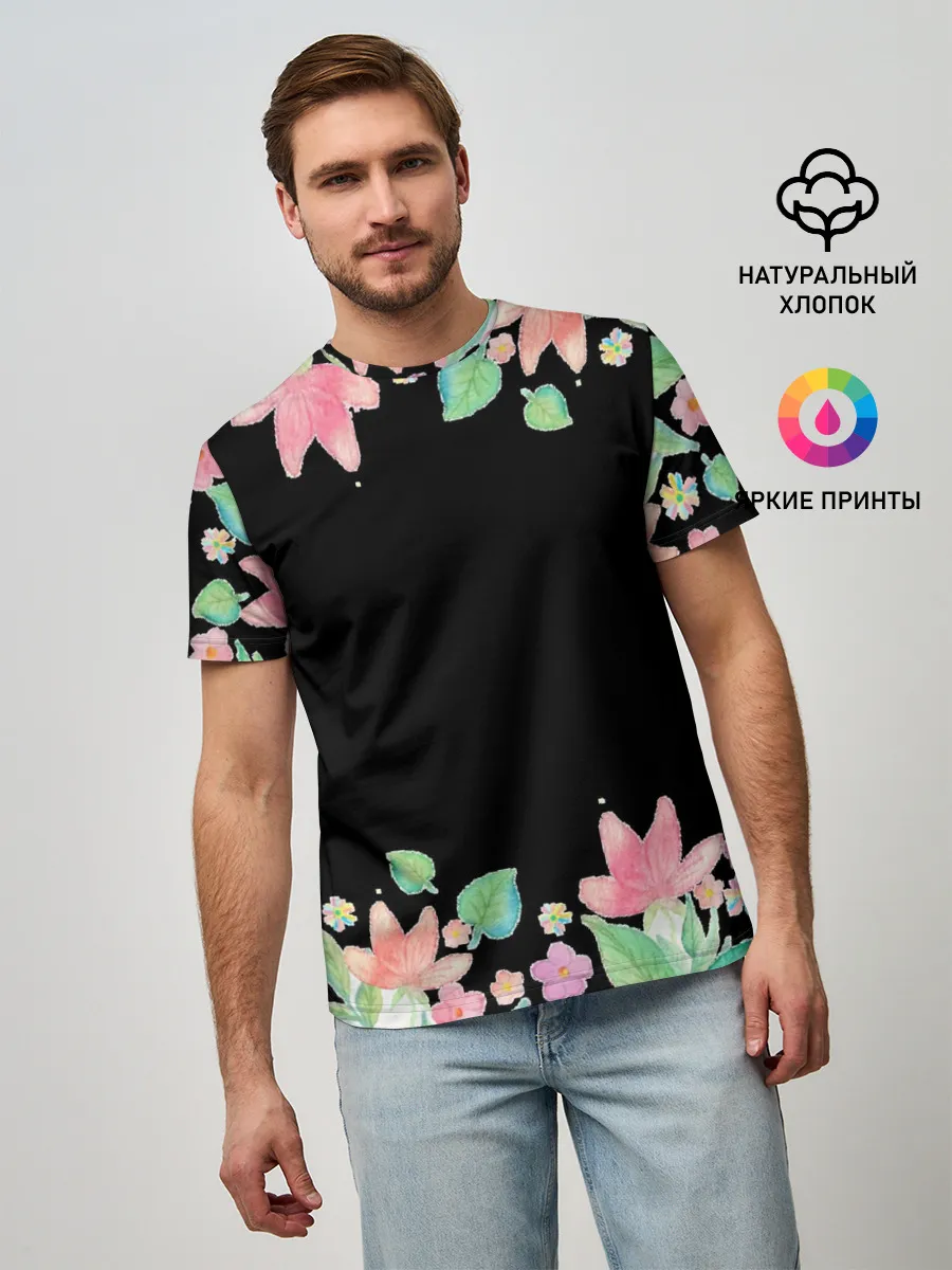 Мужская базовая футболка / Рамка из розовых и зеленых листьев
