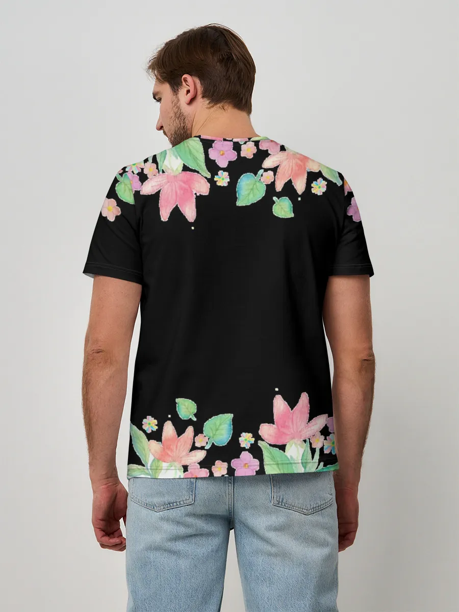 Мужская базовая футболка / Рамка из розовых и зеленых листьев