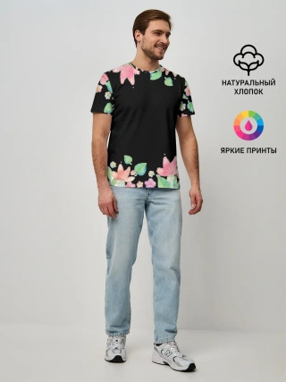 Мужская базовая футболка / Рамка из розовых и зеленых листьев