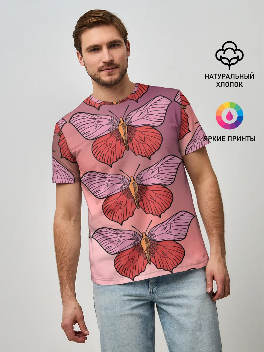 Мужская базовая футболка / Розовый принт с бабочками