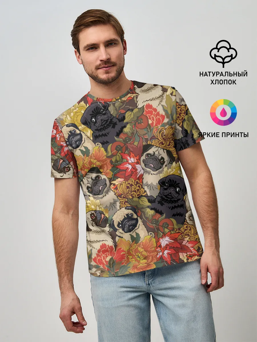 Мужская базовая футболка / Мопсики | Цветочки