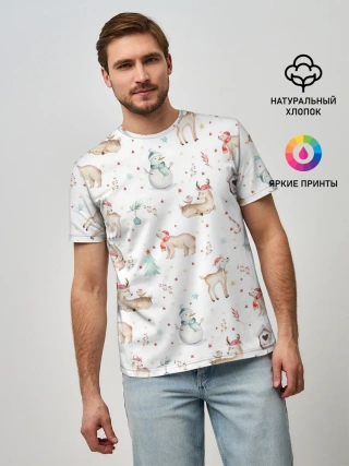 Мужская базовая футболка / Паттерн с оленями и медведями