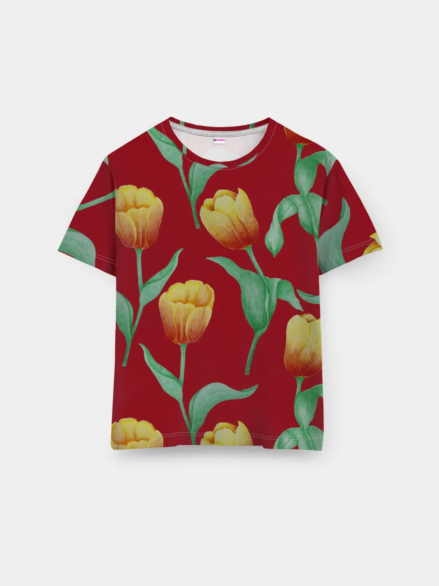 Мужская базовая футболка / Тюльпаны на красном фоне