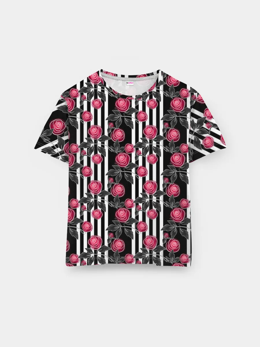 Мужская базовая футболка / акварельные розы на полосатом