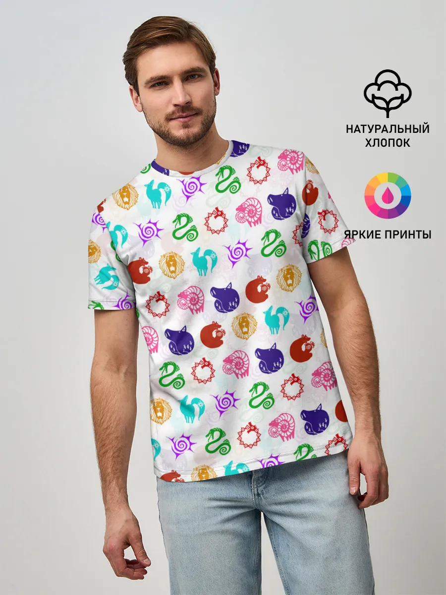 Мужская базовая футболка / 7 СМЕРТНЫХ ГРЕХОВ ЦВЕТНОЙ ПАТТЕРН СИМВОЛЫ