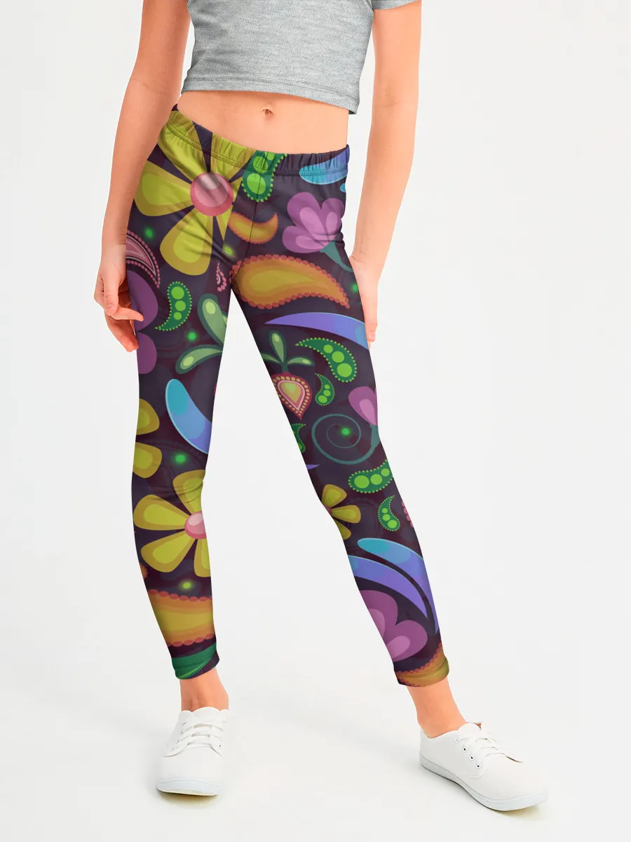 Леггинсы для девочки / летние цветы узор на темном