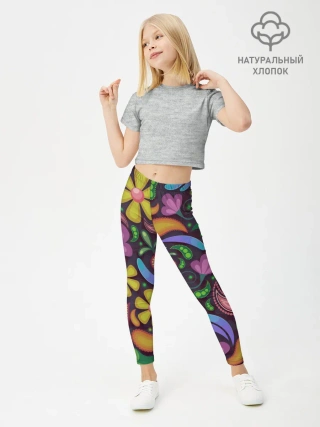 Леггинсы для девочки / летние цветы узор на темном