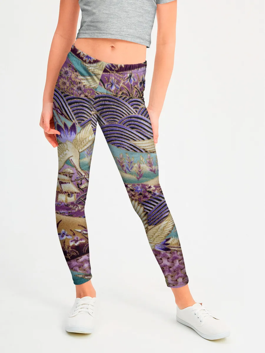 Леггинсы для девочки / Японская вышивка с журавлями