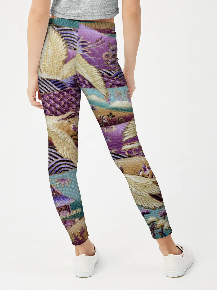 Леггинсы для девочки / Японская вышивка с журавлями