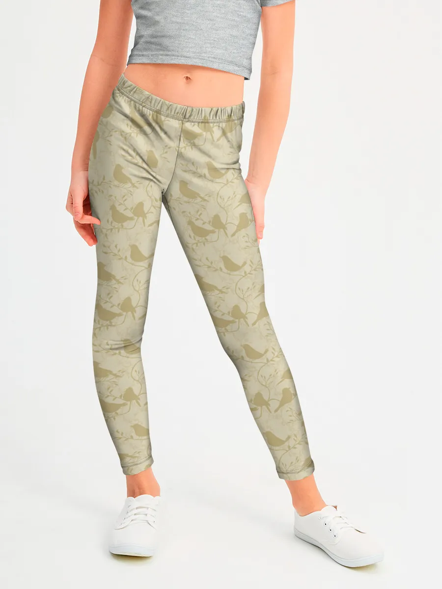 Леггинсы для девочки / Бежевый принт силуэты птичек