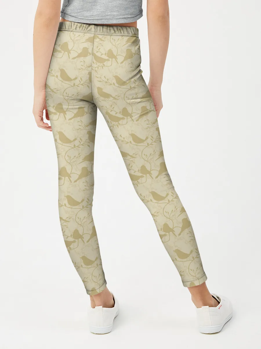 Леггинсы для девочки / Бежевый принт силуэты птичек