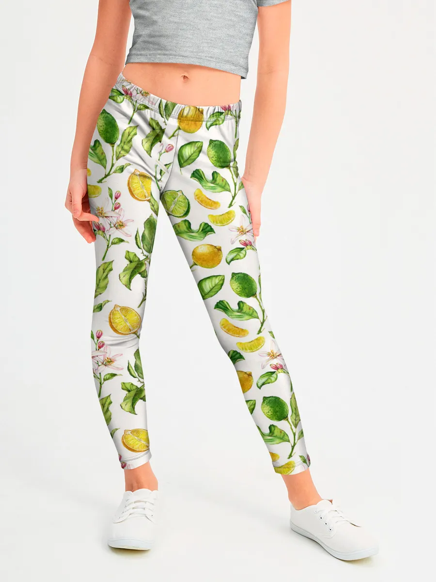 Леггинсы для девочки / Летний узор лимон ветки листья