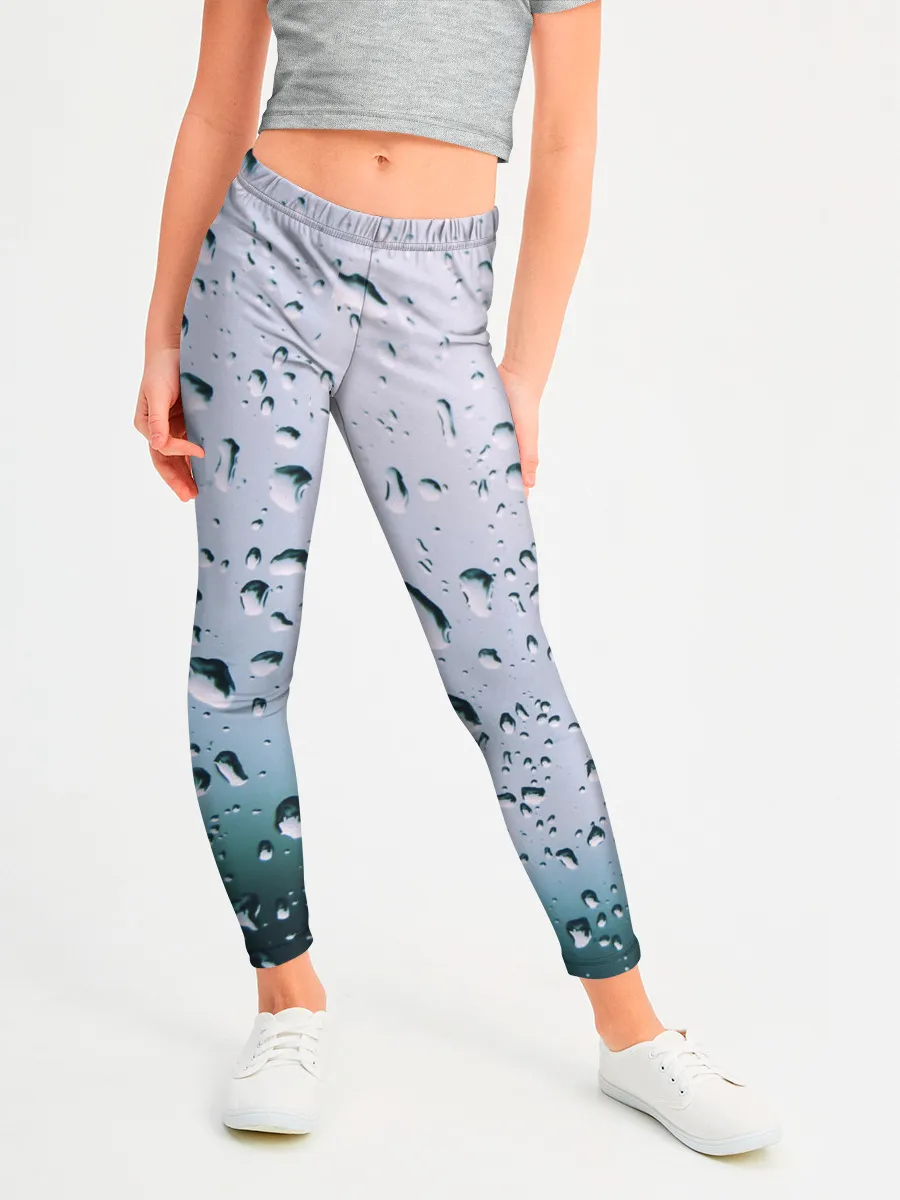 Леггинсы для девочки / Капли окно стекло дождь серо