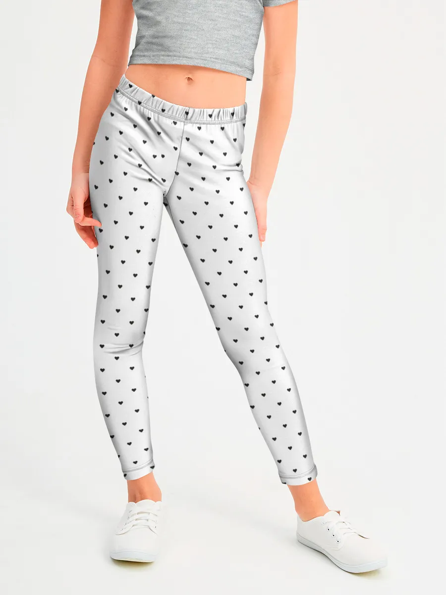 Леггинсы для девочки / Сердечки черные на белом