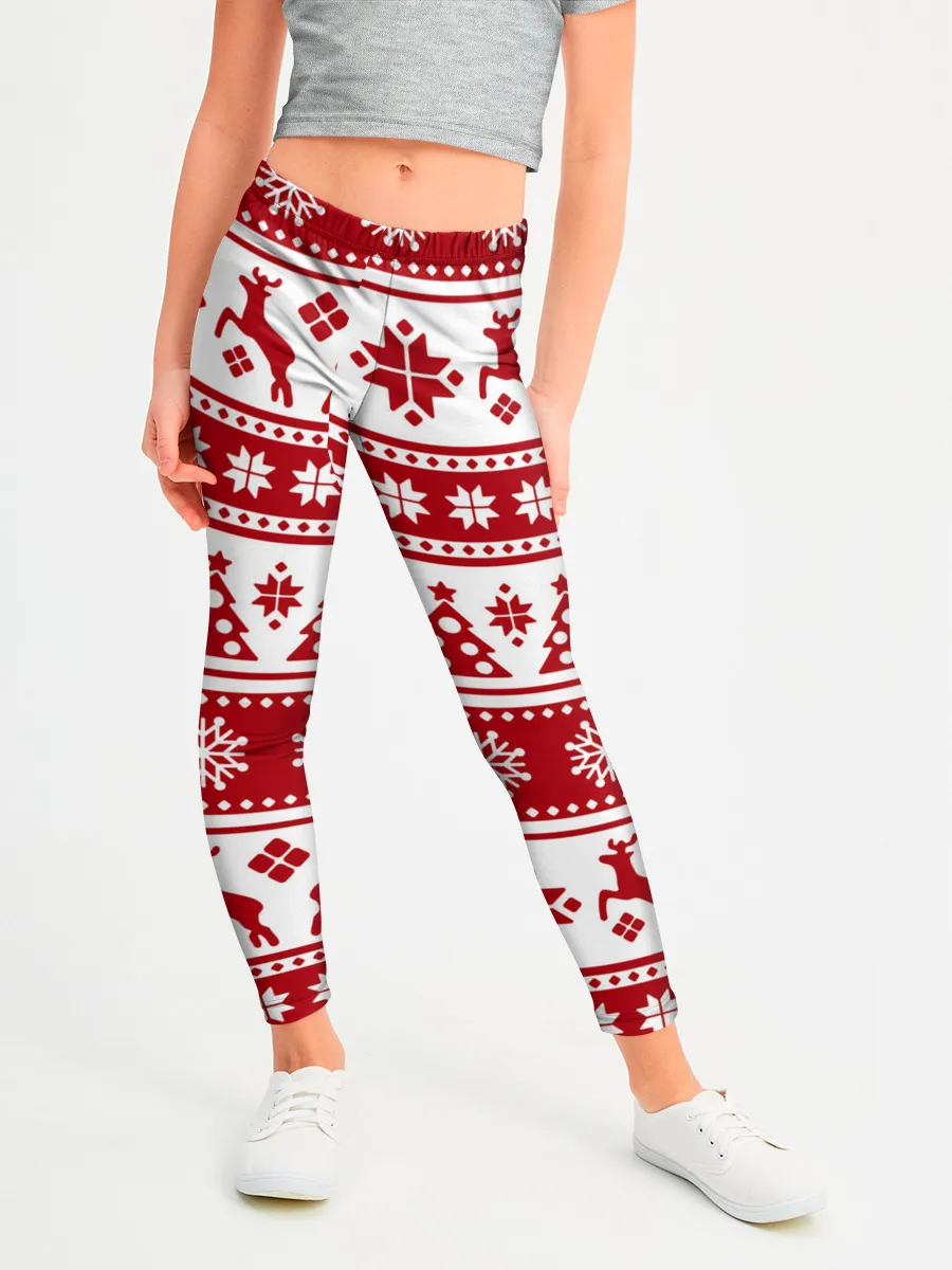 Леггинсы для девочки / Новый Год | Олени и снежинки