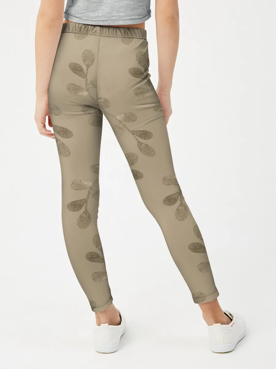 Леггинсы для девочки / Листья на бежевом фоне
