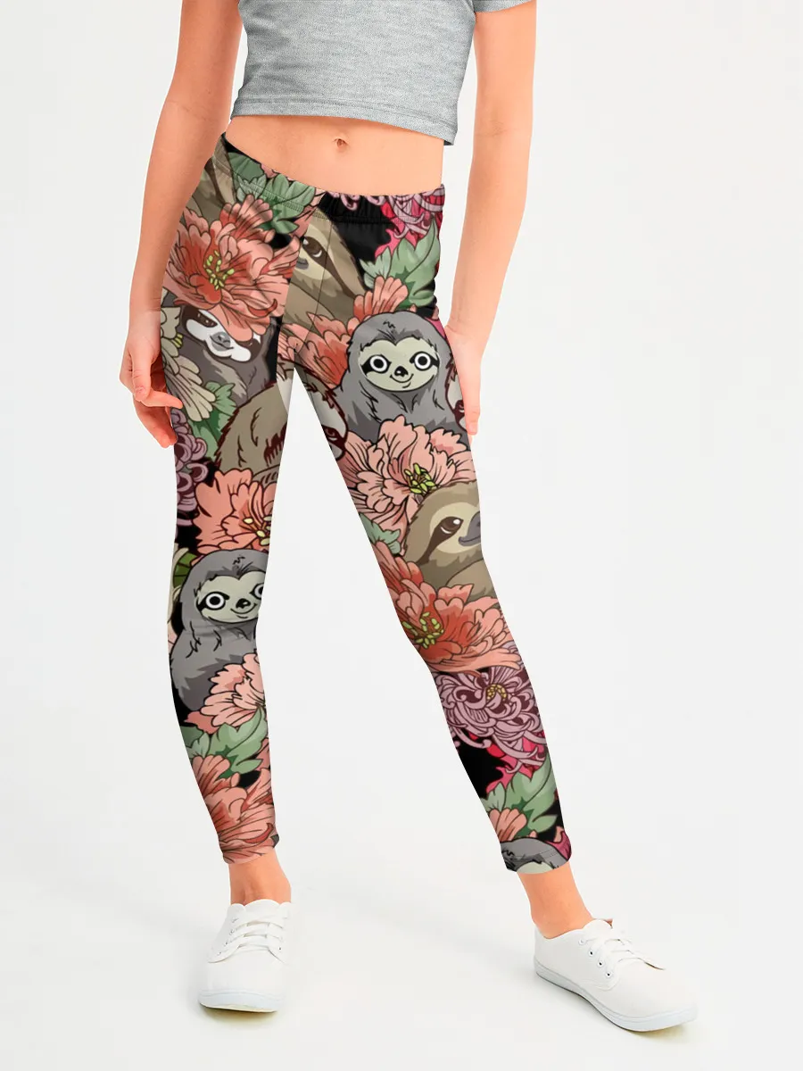 Леггинсы для девочки / Ленивец & Цветочки