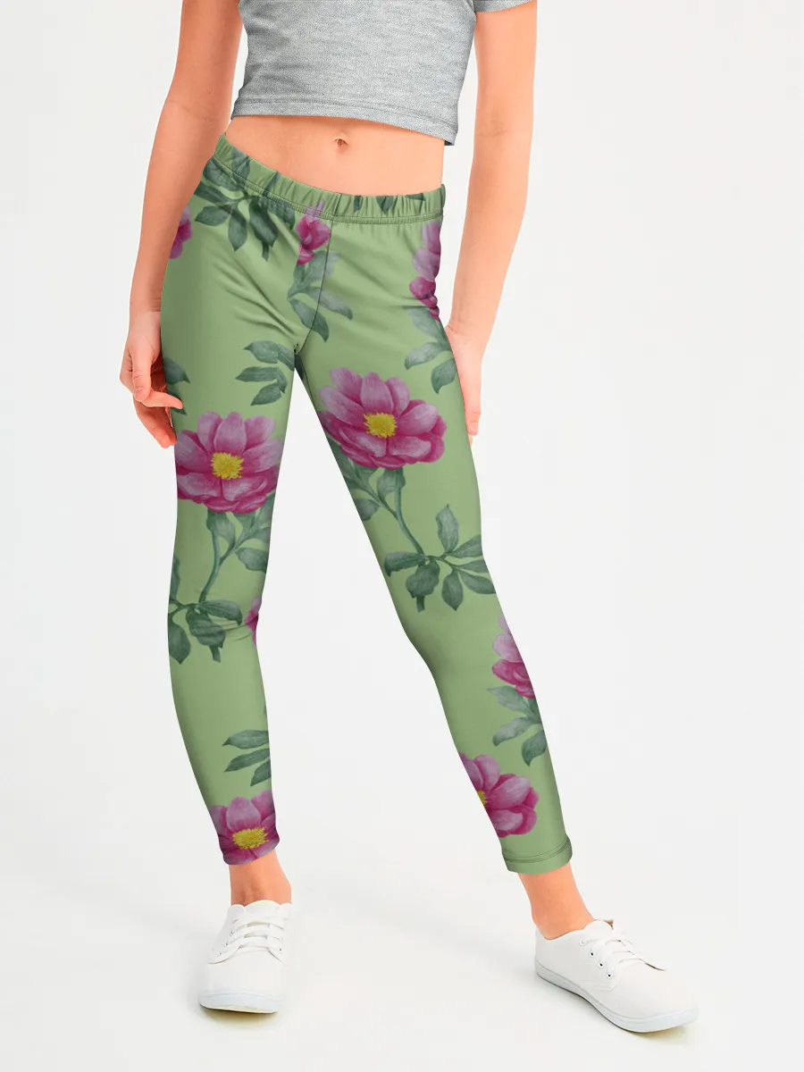 Леггинсы для девочки / Пионы на светло зеленом фоне