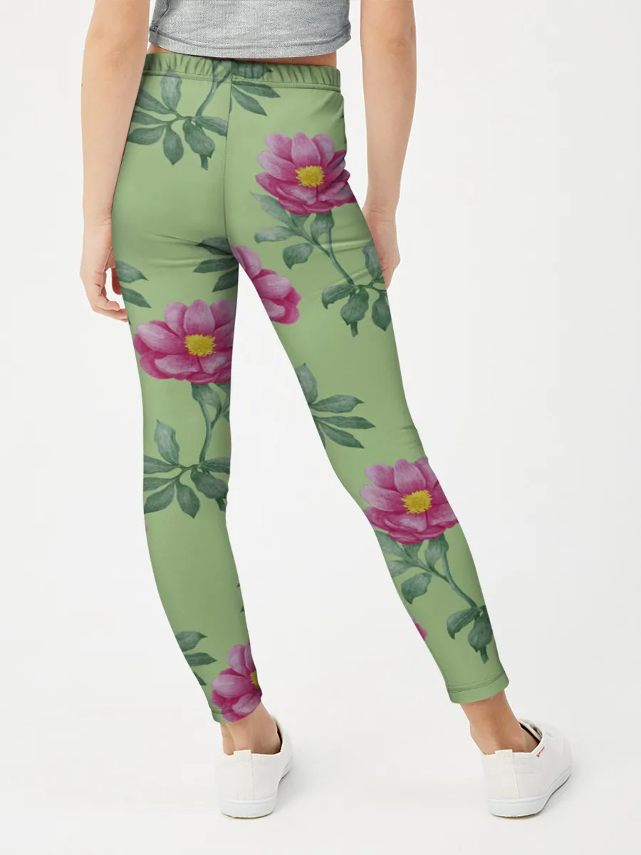 Леггинсы для девочки / Пионы на светло зеленом фоне