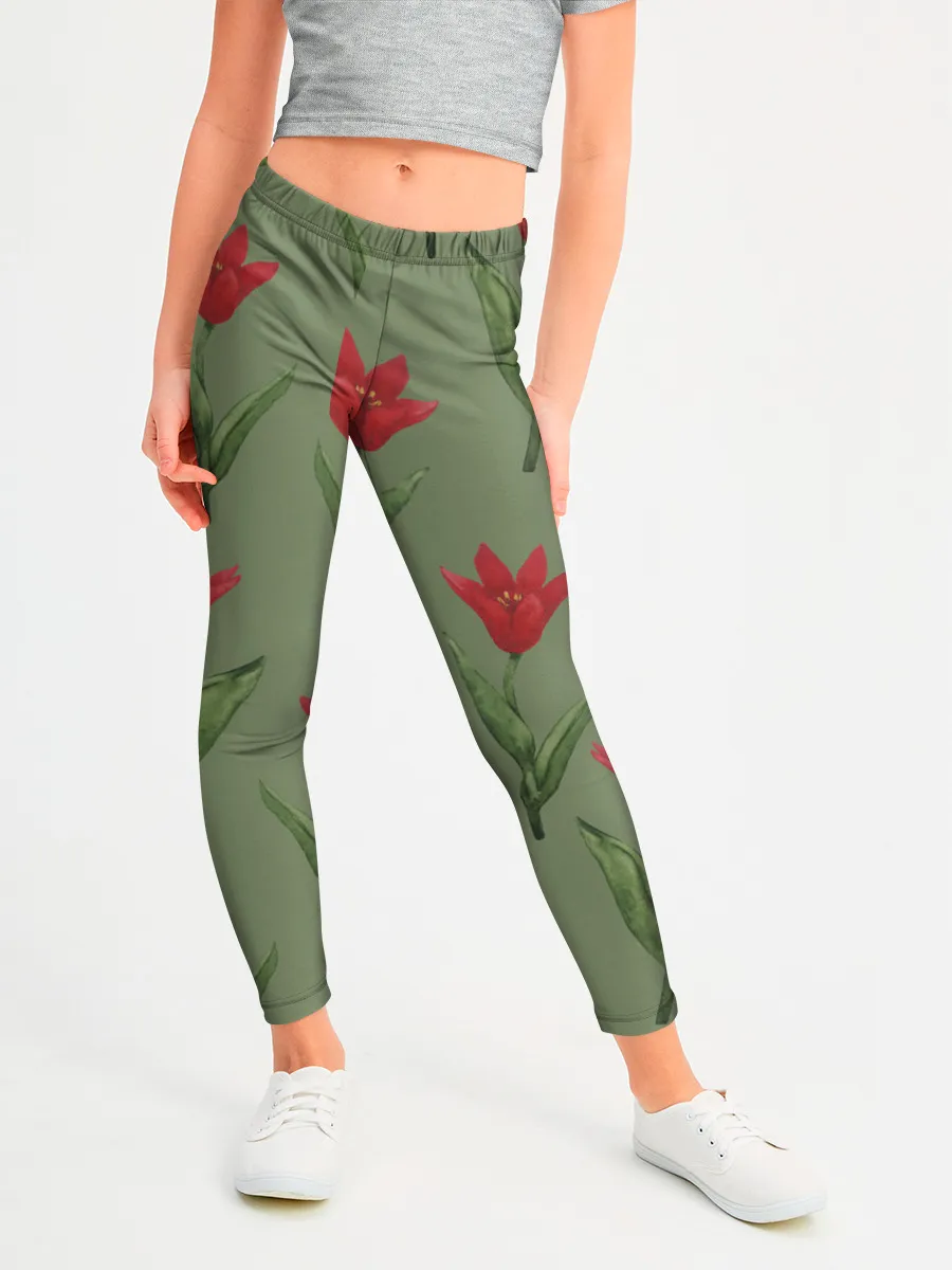 Леггинсы для девочки / Красные тюльпаны на зеленом